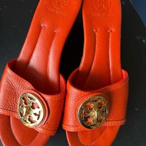 Tory Burch Orange Sandals with Gold Medallion